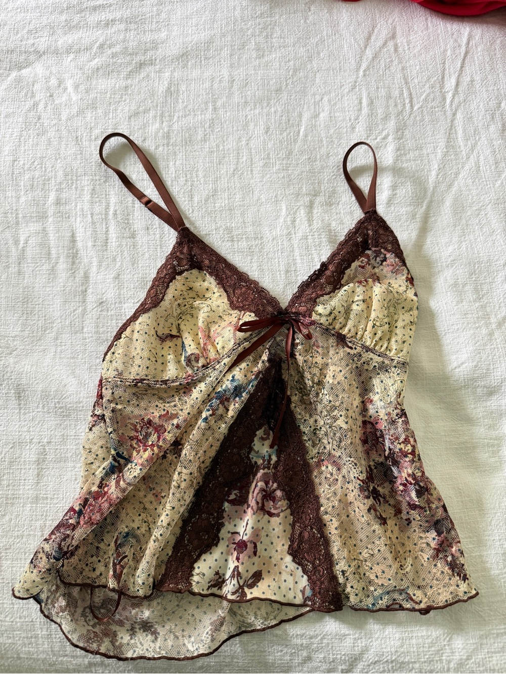 Urban Outfitters Floral Lace Trim Satin Cami Top in Beige and Brown